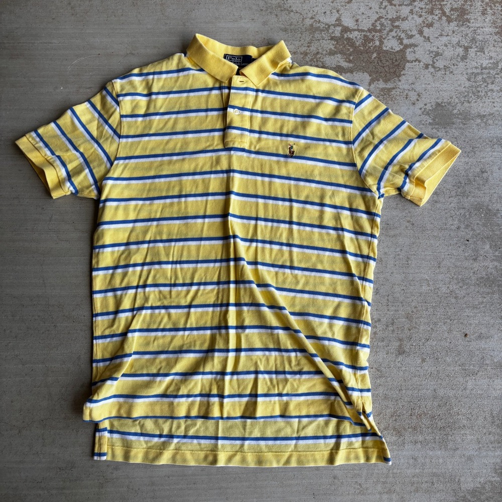 Polo Ralph Lauren Mens Large Yellow Blue Striped Short Sleeve Pique Polo Shirt